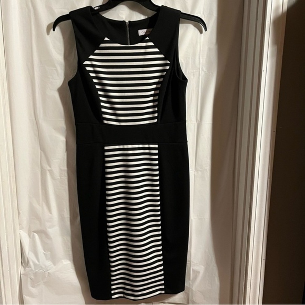 Calvin Klein Black White Striped Midi Sleeveless Dress Size 8 Classy Career